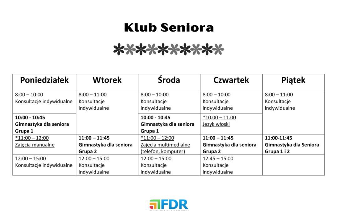 Klub Seniora – grafik zajęć od 16.10.2023r.